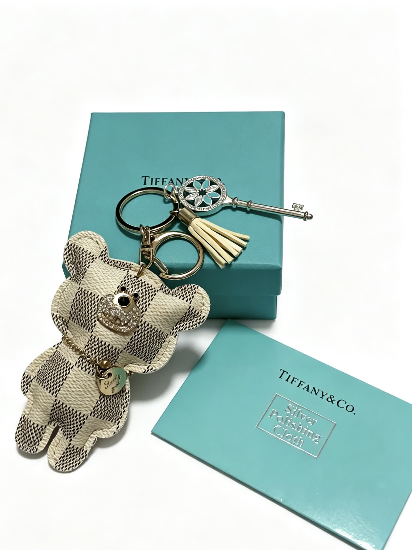Tiffany & Co. Bear Keychain with Silver Key and Tassel